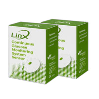 Two boxes of Linx Continuous Glucose Monitoring System Sensor on a white background