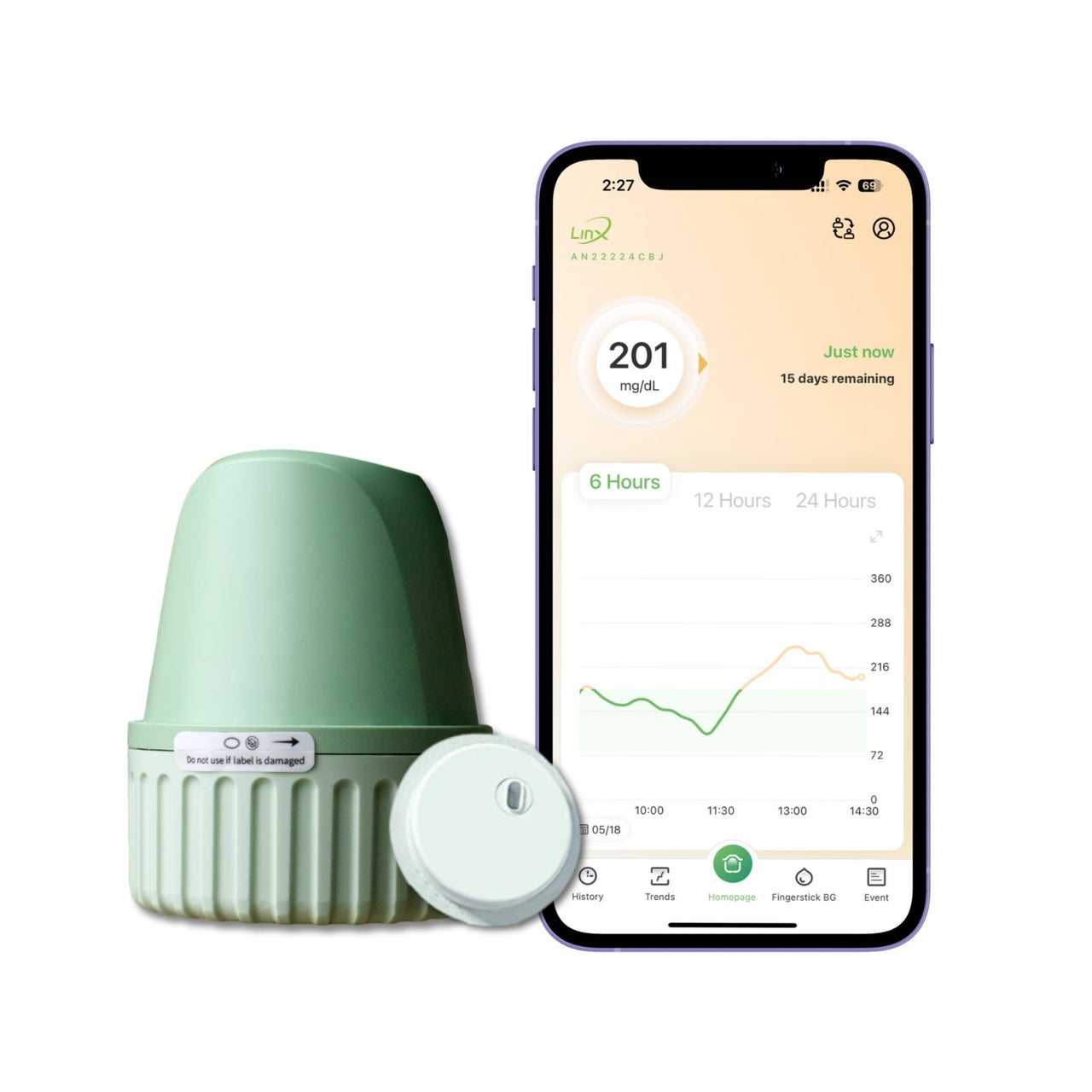 LinX sensor device with smartphone displaying LinX app interface with high alarm