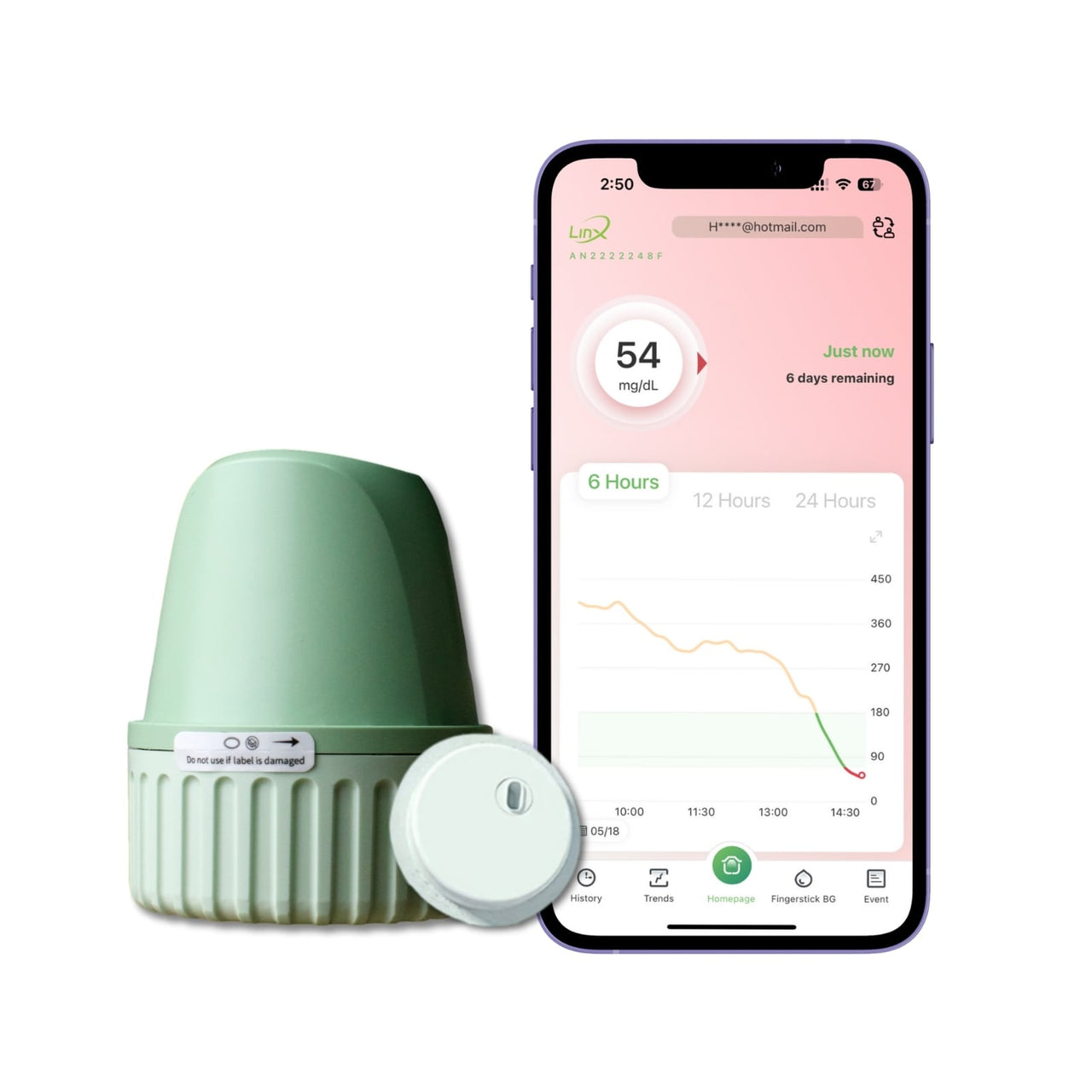 LinX sensor device with smartphone displaying LinX app interface with low alarm