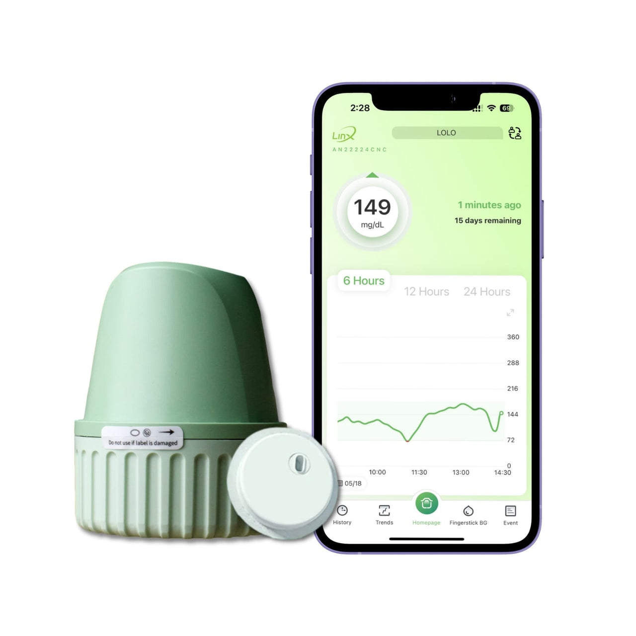 LinX sensor device with smartphone displaying LinX app interface with green in range rating