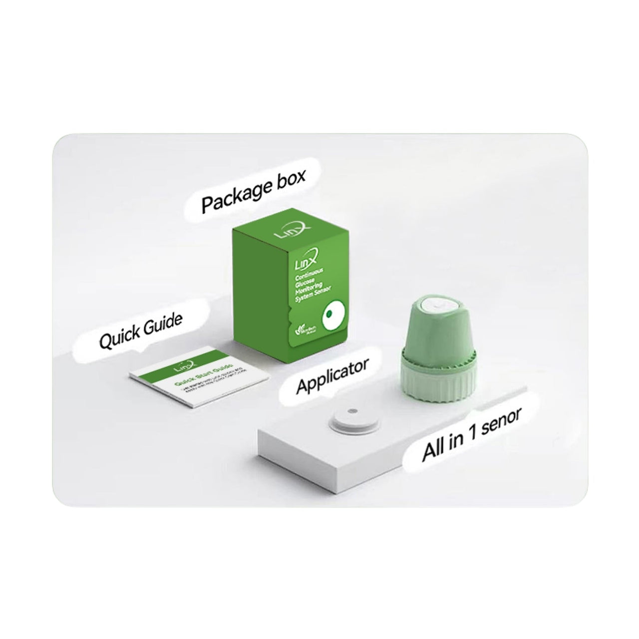 Linx CGM Packaging contenet components labeled 'Package box', 'Quick Guide', 'Applicator', and 'All in 1 sensor'.